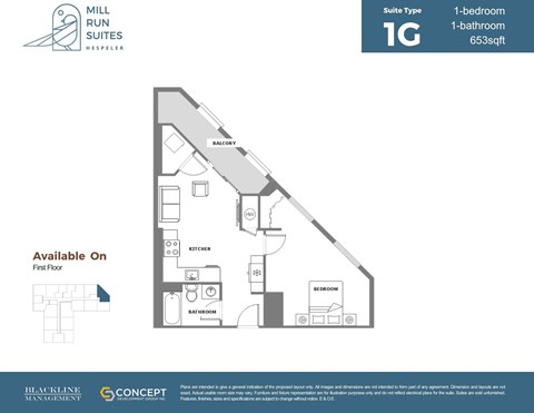 A floor plan for a suite type 1G with a balcony and a kitchen.